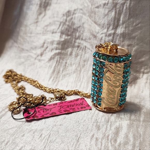 Betsey Betsy Johnson Aquamarine Rhinestone Coca Cola Coke Soda Can Necklace NWT - Picture 3 of 16